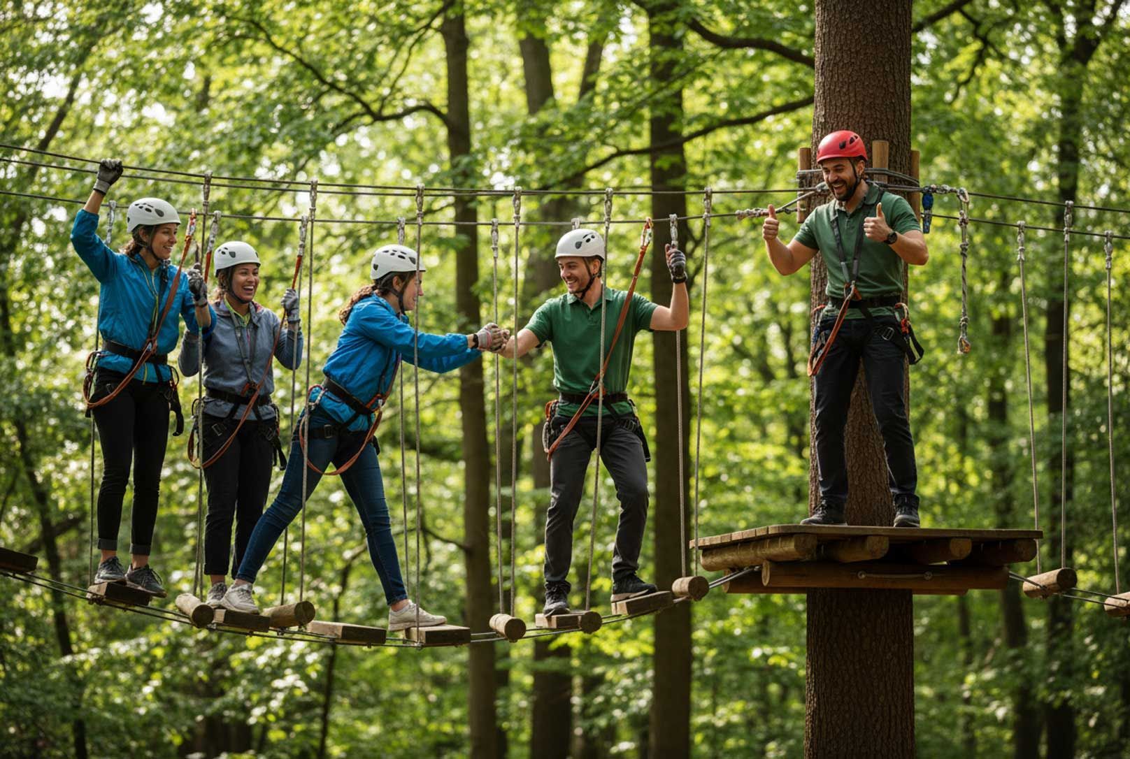 Fünf Pädagog*innen  beim Teambuilding auf einem Kletterwald 